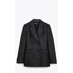 Zara Blogger's Favorite Faux Leather Contrast Black Shimmer Blazer size Small